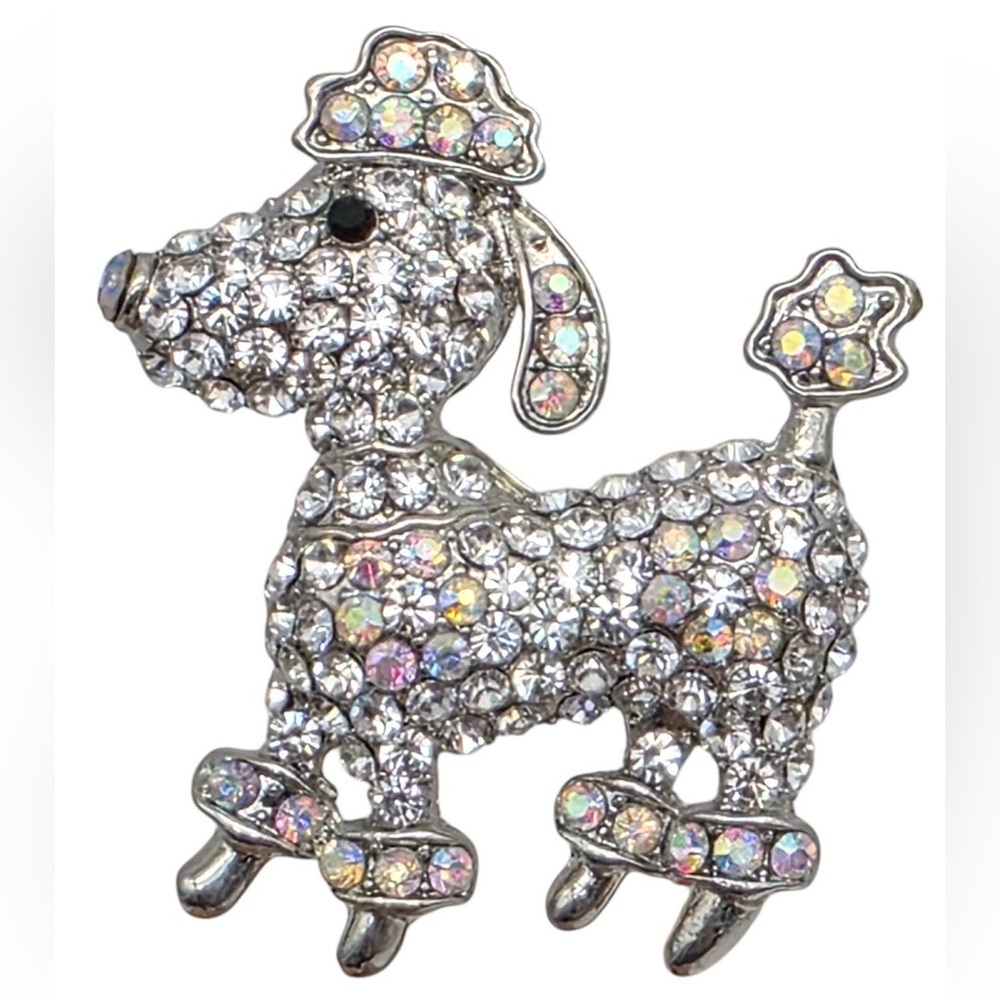 Crystal Poodle Dog Ring Silver Tone Aurora Borealis Rhinestone Sparkle Statement